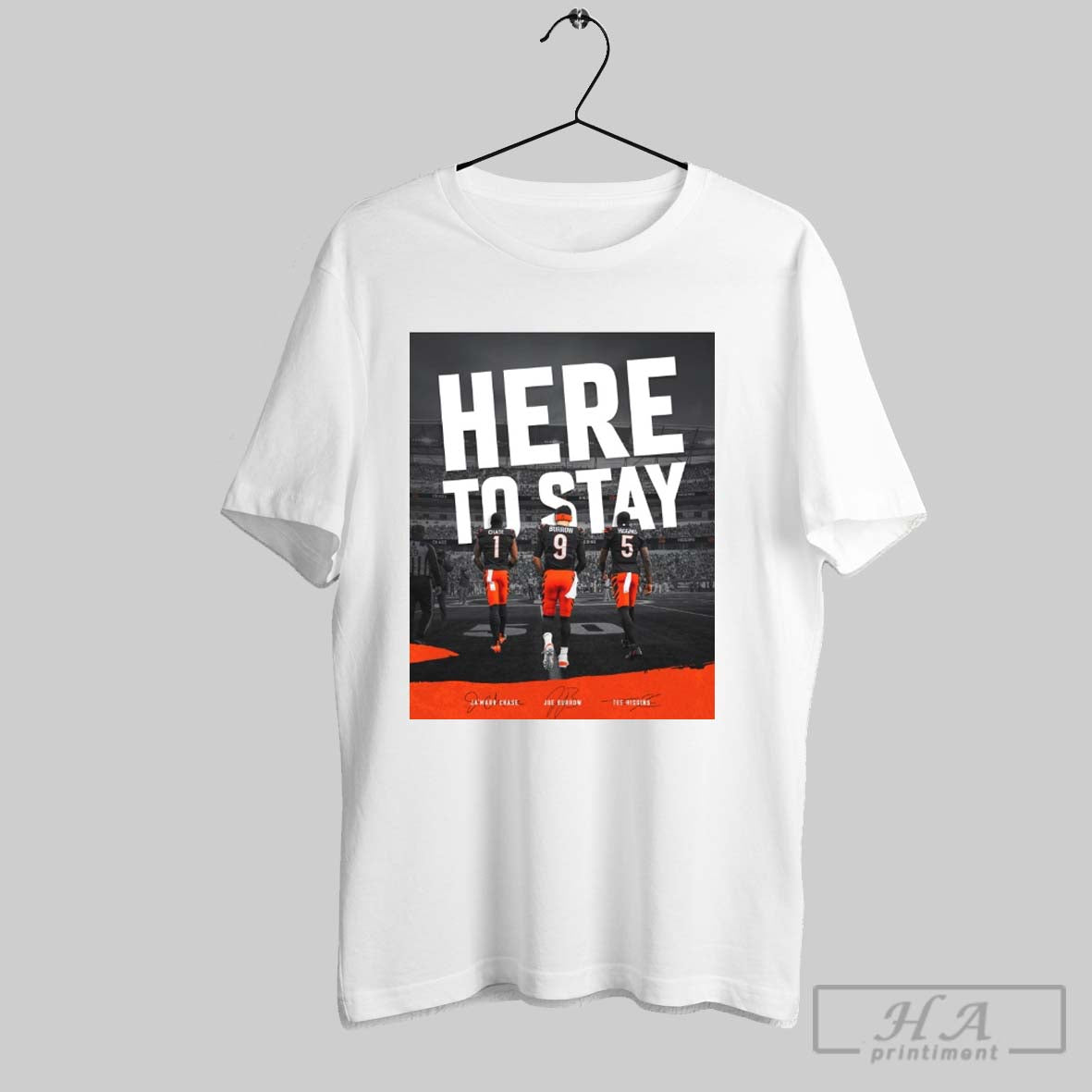Cincinnati Bengals Here To Stay Jamarr Chase Joe Burrow Tee Higgins Signatures Poster T Shirt