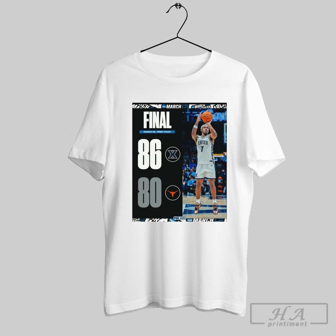 Poster Xavier Musketeers Mens Basketball Win 86 80 Texas Longhorns Final Score March 19 2025 First Four March Madness T Shirt