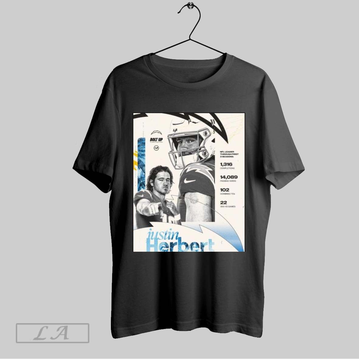 Top Los Angeles Chargers Justin Herbert Nfl Leader Through First 3 Seasons 1316 Completions Poster T Shirt