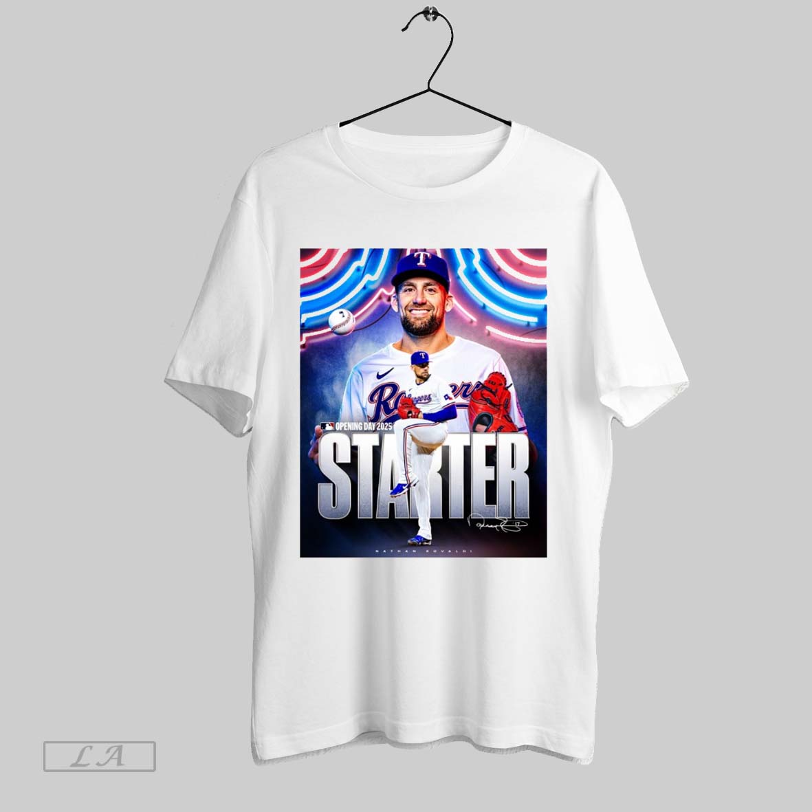 Top Texas Rangers Baseball Nathan Eovaldi Mlb Opening Day 2025 Starter Signature Poster T Shirt Sweatshirt Hoodie Shirt