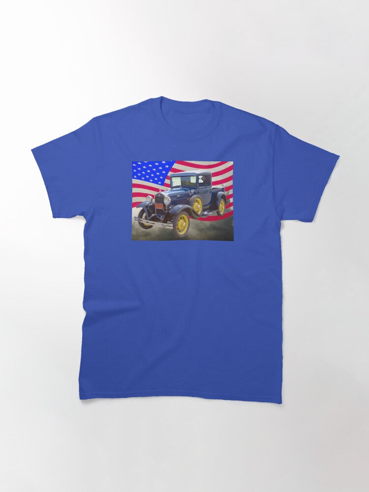 1930 Model A Ford Pickup And American Flag Classic T-Shirt