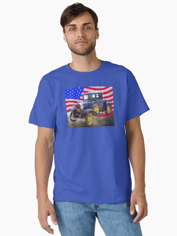 1930 Model A Ford Pickup And American Flag Classic T-Shirt