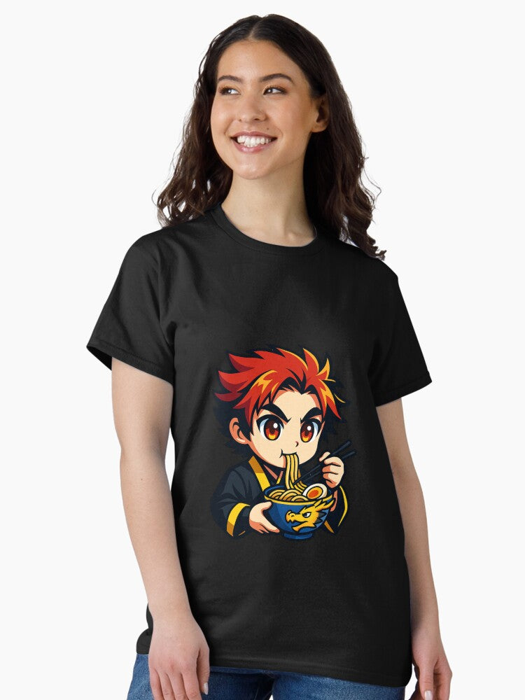 Fiery Chibi Samurai with Dragon Ramen Bowl – Kawaii Anime Style Art Classic T-Shirt
