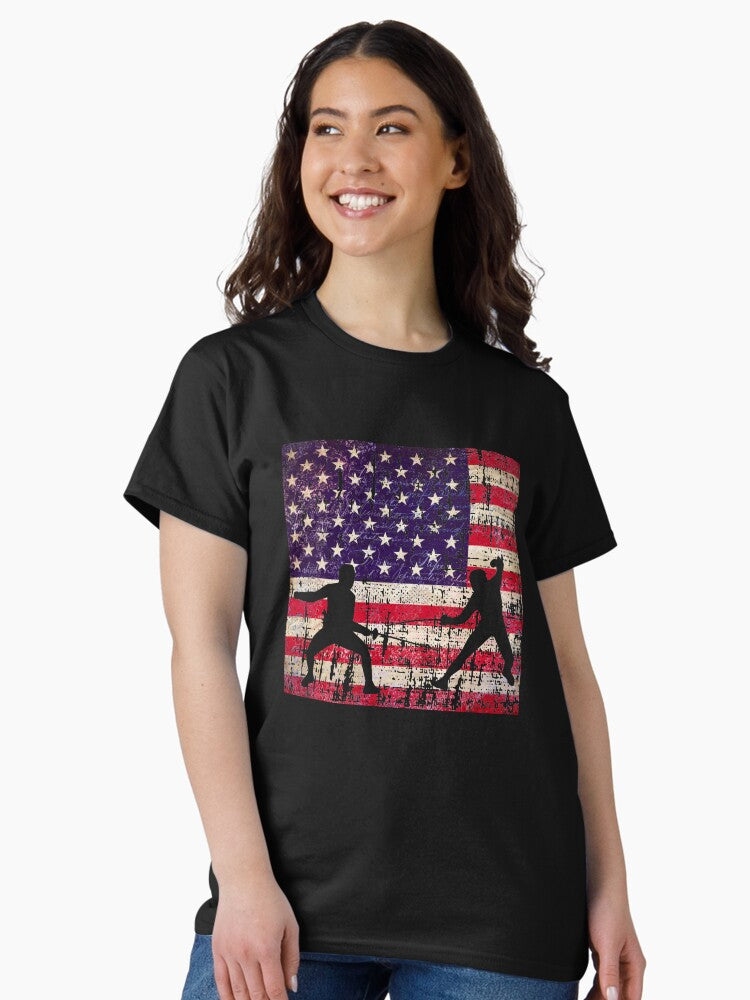 Fencing Distressed American Flag Classic T-Shirt Style001