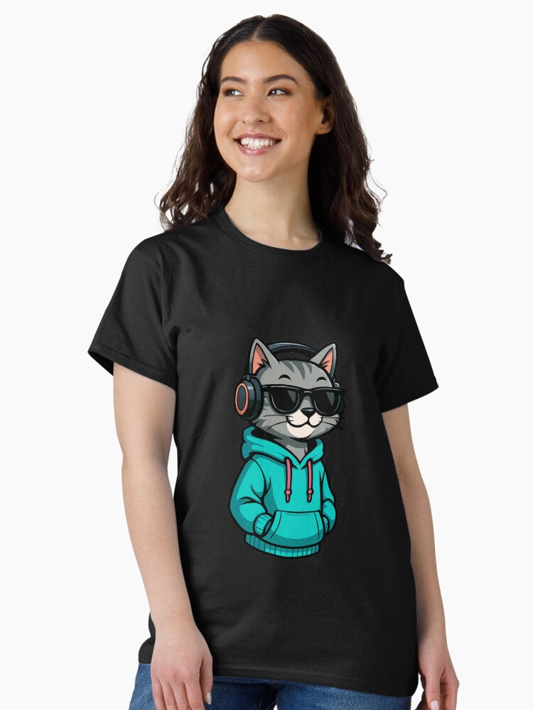 Cool Cat with Headphones and Neon Hoodie | Urban Streetwear Style Classic T-Shirt