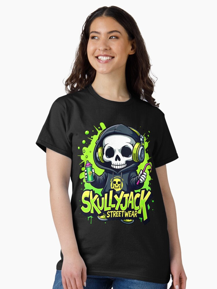 Cool skeleton figure with hoodie, spray can and headphones Classic T-Shirt
