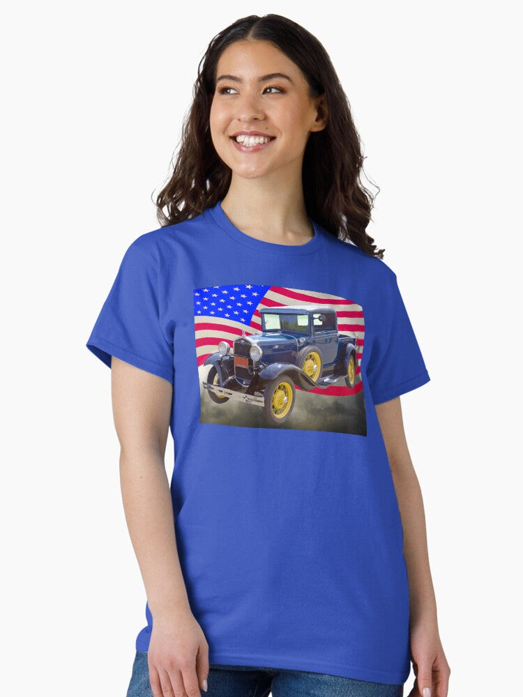 1930 Model A Ford Pickup And American Flag Classic T-Shirt