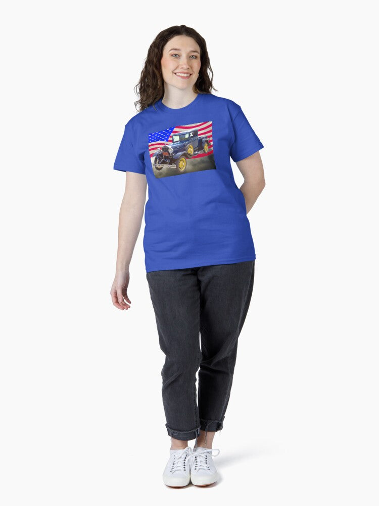 1930 Model A Ford Pickup And American Flag Classic T-Shirt
