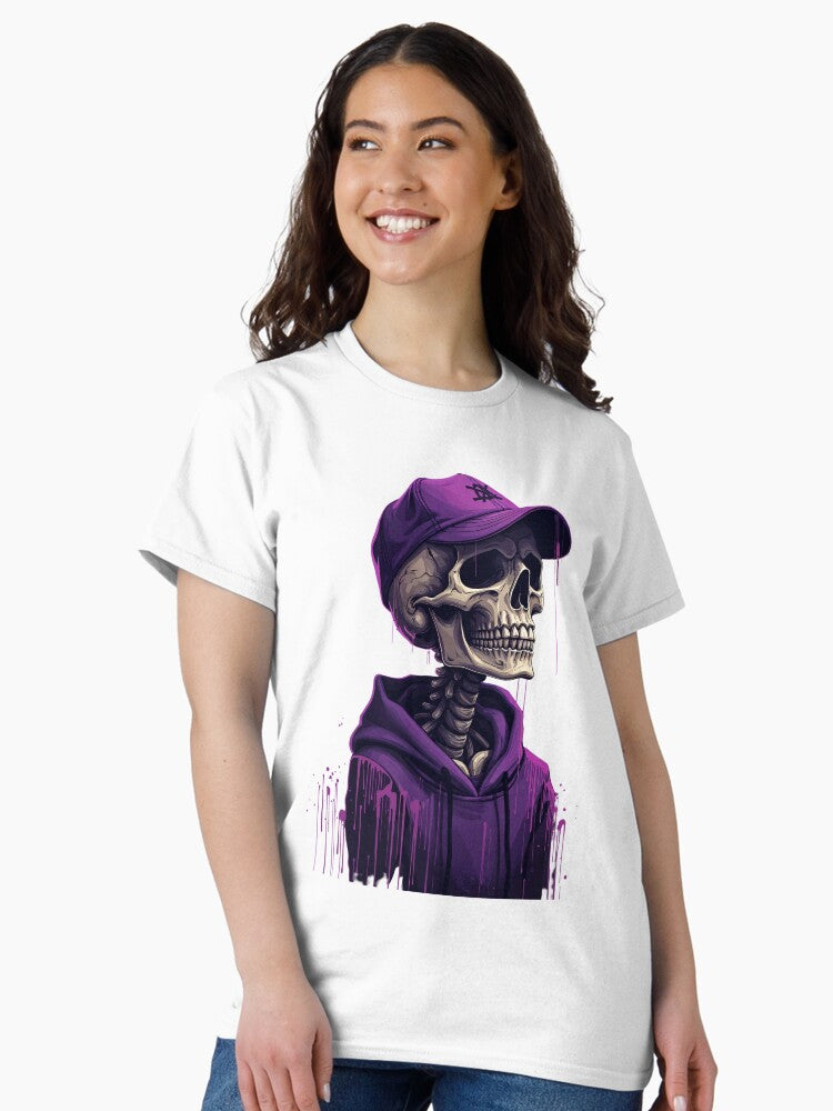 Purple Street Skeleton in Hoodie – Urban Grunge Skull Art Classic T-Shirt