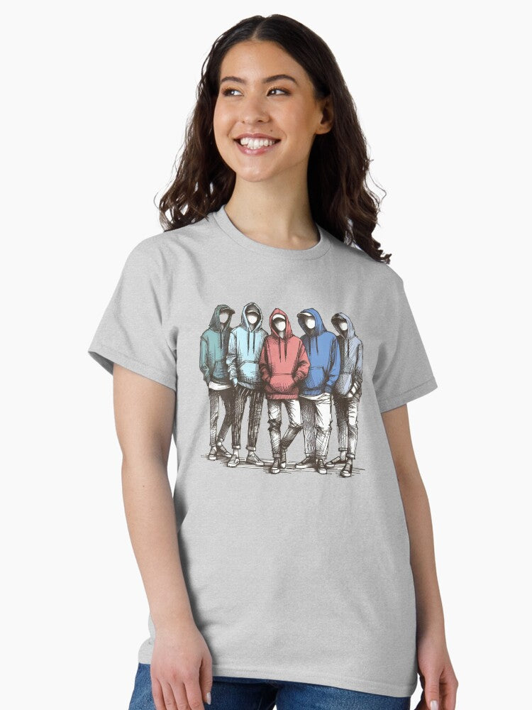 Street Style Hoodie Crew Graphic Tee | Cool Urban Aesthetic T-Shirt | Edgy Streetwear Line Art Shirt for Men & Women | Trendy Sketch Art Classic T-Shirt