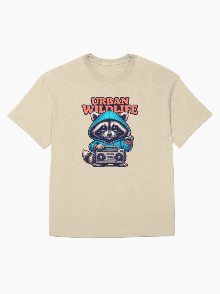 Raccoon in Hoodie with Boombox Design Oversized T-Shirt