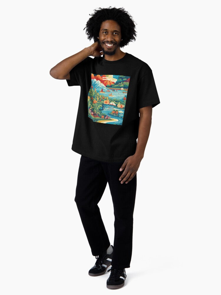 Hawaii Travel Poster Inspired Illustration Mountains to Sea Oversized T-Shirt