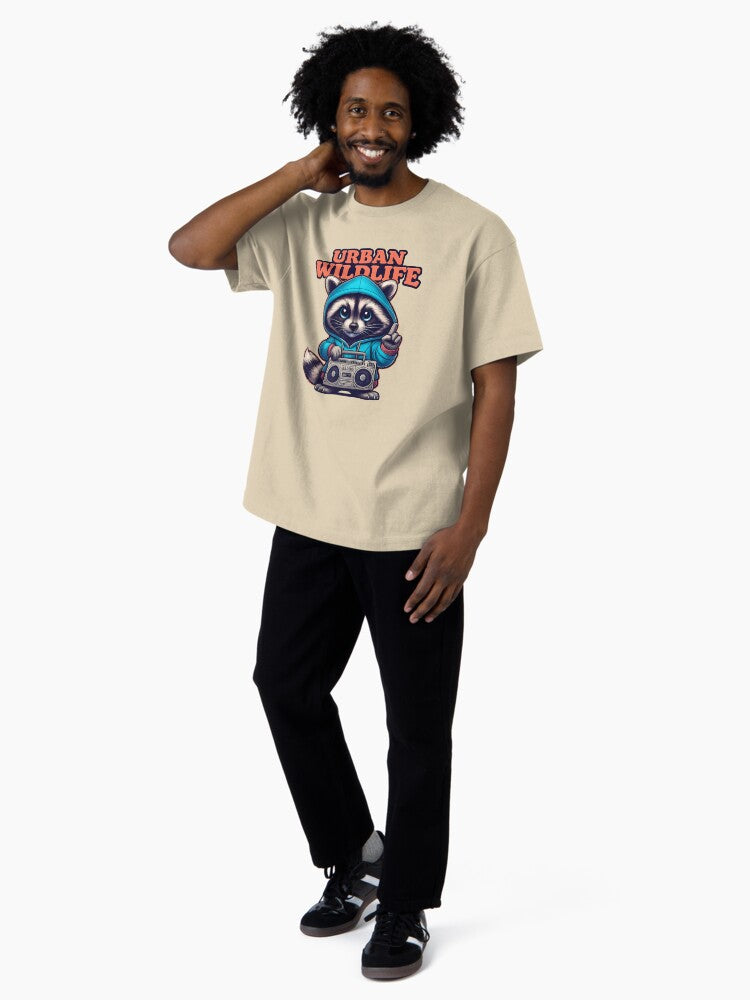 Raccoon in Hoodie with Boombox Design Oversized T-Shirt