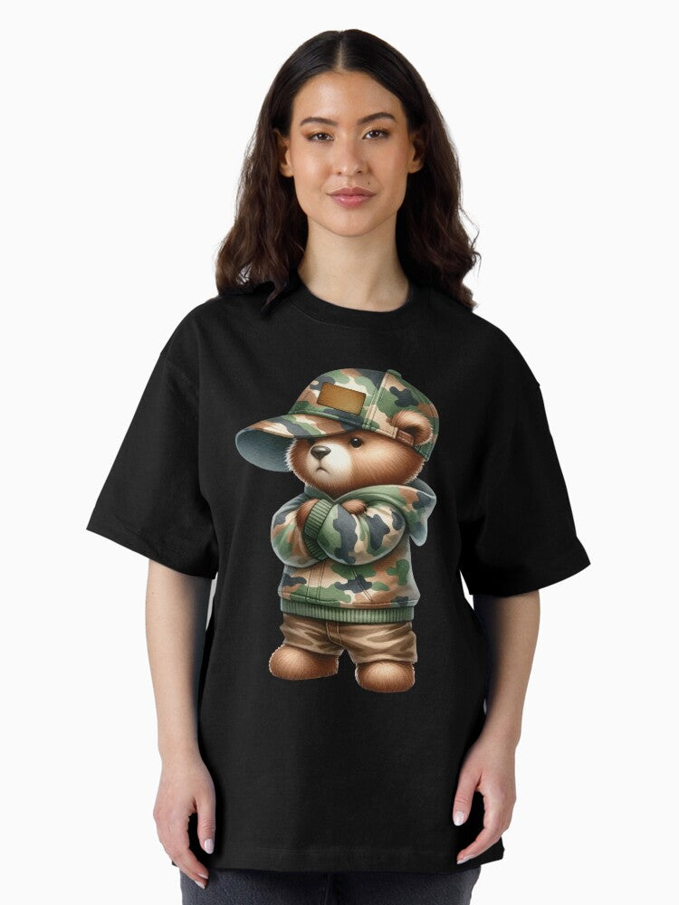 Tough Camo Bear in Hoodie and Cap Oversized T-Shirt