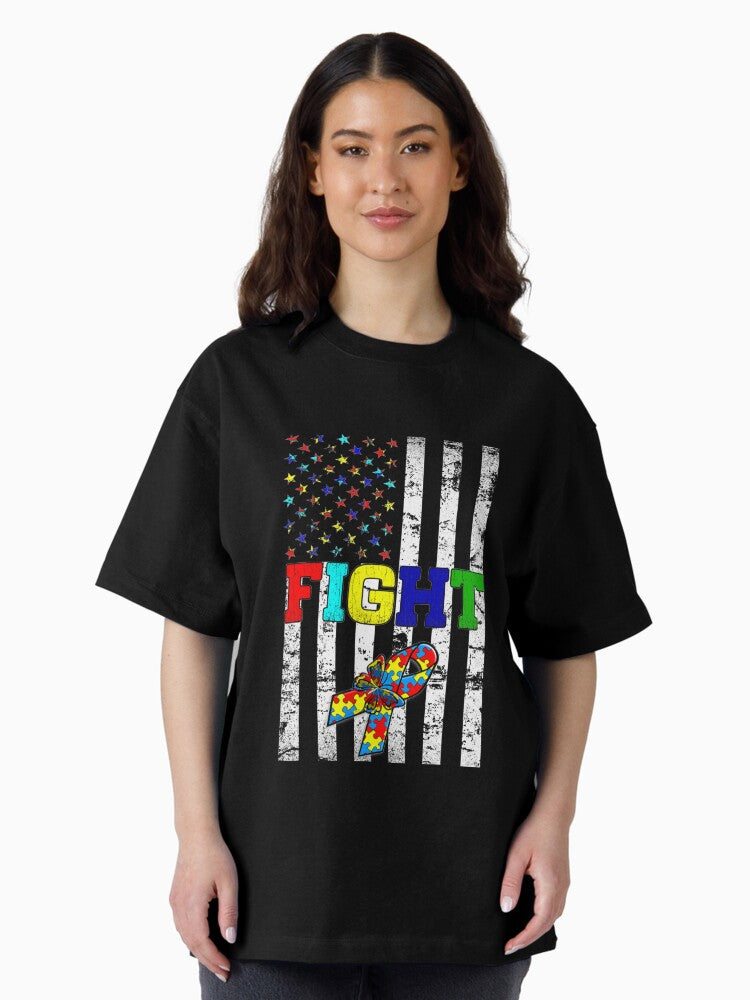 Fight Autism Ribbon Us Flag Autism Awareness Oversized T-Shirt
