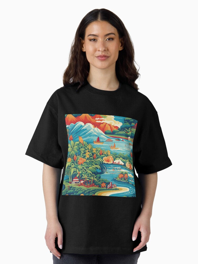 Hawaii Travel Poster Inspired Illustration Mountains to Sea Oversized T-Shirt