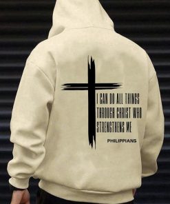 Menâ€™s Cross & Letter Print Drop Shoulder Hoodie, Fashion Casual Regular Fit Drawstring Pocket Hooded Sweatshirt for Daily Holiday Outdoor Wear, Men Clothes for Fall & Winter