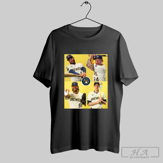 Milwaukee Brewers Mlb Photo Day Jackson Chourio William Contreras Freddy Peralta And Christian Yelich Poster T Shirt