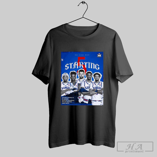 Official Poster Kansas Jayhawks Vs Ucf Basketball Starting Dajuan Harris Jr Kj Adams Hunter Dickinson Rylan Griffen Zeke Mayo T Shirt