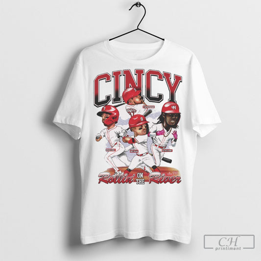 Official Rollin On The River Cincinnati Reds Baseball Spencer Steer Matt Mclain Tyler Stephenson Elly De La Cruz Caricatures T Shirt Hoodie