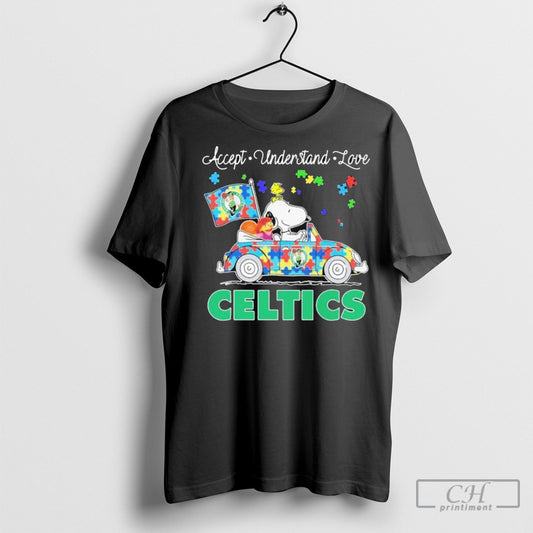 Official Snoopy And Woodstock Driving Car Boston Celtics Autism Accept Understand Love T Shirt Sweatshirt Poster
