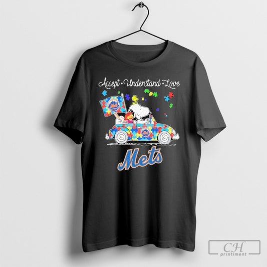 Official Snoopy And Woodstock New York Mets Driving Car Houston Astros Autism Accept Understand Love T Shirt Sweatshirt Poster