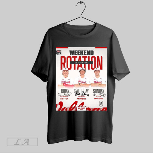 Original Poster Nc State Baseball Weekend Rotation Jax Classic Fri Dominic Fritton Sat Heath Andrews Sun Ryan Marohn Signature T Shirt Sweatshirt Tee Shirt