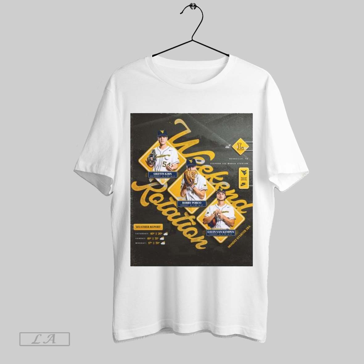 Original Poster Weekend Rotation Griffin Kirn Gavin Van Kempen Robby Porco West Virginia Baseball Vs Lipscomb Bisons 2025 T Shirt Sweatshirt Tee Shirt
