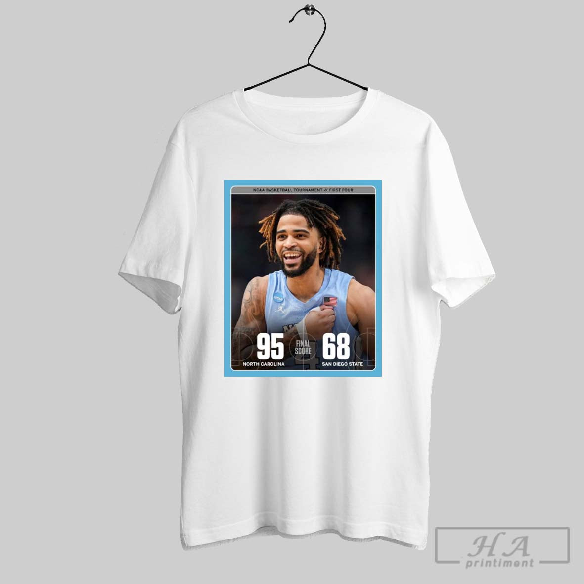 Poster North Carolina Win 75 68 San Diego State Final Score Ncaa Basketball Tournament First Four T Shirt