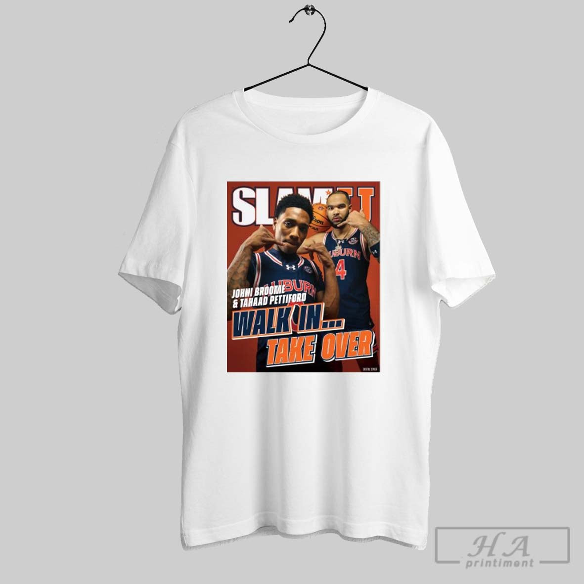 Poster Slamu Cover Auburn Tigers Basketball Ncaa 2025 Johni Broome And Tahaad Pettiford Walk In Take Over T Shirt