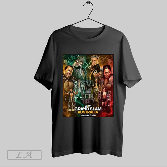 Top Aew Grand Slam Australia Ospreay Omega Versus Fletcher Takeshita Aew Dynamite 2025 Poster T Shirt