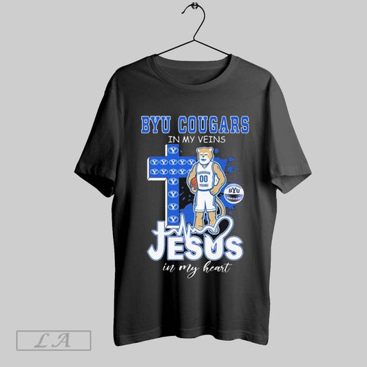 Top Byu Cougars In My Veins Jesus In My Heart Mascot T Shirt Sweatshirt Hoodie Shirt