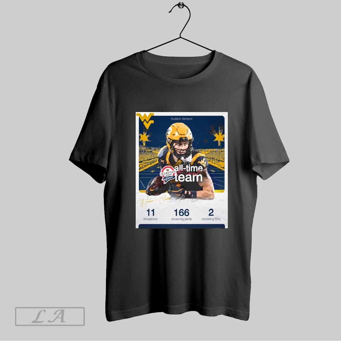 Top Hudson Clement Wvu Football Scooters Coffee Frisco Bowl All Time First Team 11 Repceptions 166 Receiving Yards Signature Poster 2025 T Shirt Sweatshirt Hoodie Shirt