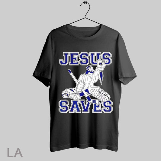 Top Jesus Saves Hockey Goalie Religious Christian Funny Parody T Shirt Sweatshirt Hoodie Shirt