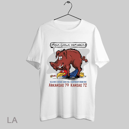 Top Ncaa Mens Division 1 Basketball Championship Round 1 Arkansas 79 Kansas 72 Rock Chalk Ham Hock Mascot Painting T Shirt Sweatshirt Hoodie Shirt