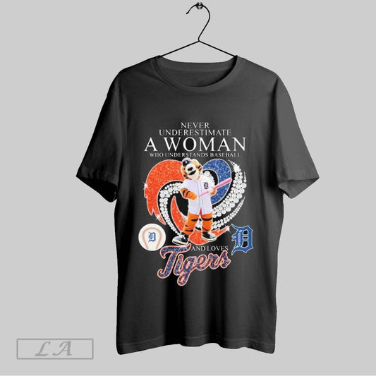 Top Never Underestimate A Woman Who Understands Baseball And Loves Detroit Tigers Mascot Heart Diamond T Shirt Sweatshirt Hoodie Shirt