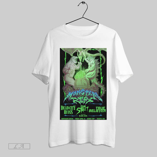 Top Poster Monsters Of Riff With Elm Street April 18 2025 Northcote Social Club Dead City Ruins Vs True Believe T Shirt