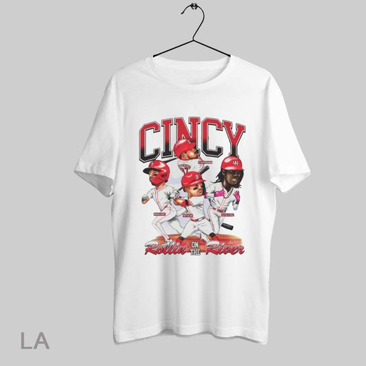 Top Rollin On The River Cincinnati Reds Baseball Tyler Stephenson Spencer Steer Matt Mclain Elly De La Cruz Caricatures T Shirt Sweatshirt Hoodie Shirt