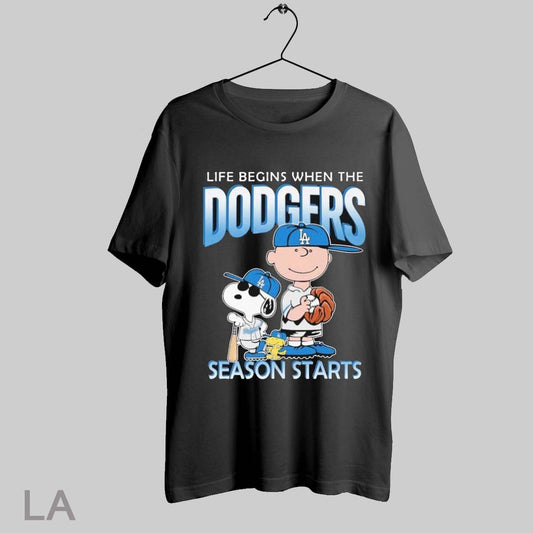 Top Snoopy And Charlie Brown Life Begins When The Los Angeles Dodgers Season Starts T Shirt Sweatshirt Hoodie Shirt