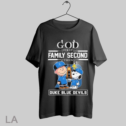 Top Snoopy And Charlie Brown Woodstock God First Family Second Then Duke Blue Devils Ncaa Final Four March Madness Trophy T Shirt Sweatshirt Hoodie Shirt