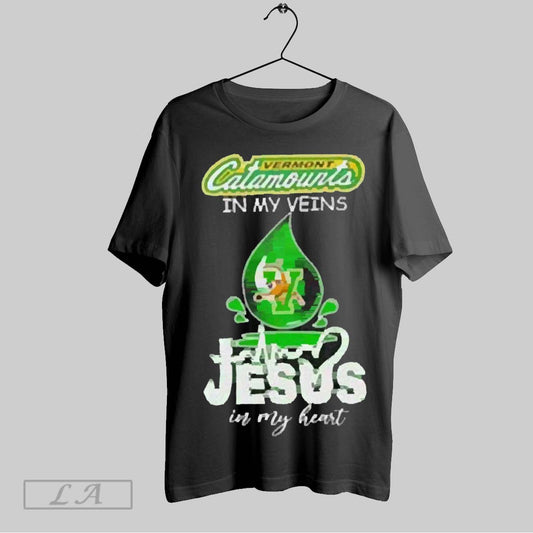 Top Vermont Catamounts In My Veins Jesus In My Heart Drop Blood 2025 T Shirt Sweatshirt Hoodie Shirt