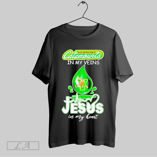 Top Vermont Catamounts In My Veins Jesus In My Heart Drop Blood T Shirt Sweatshirt Hoodie Shirt