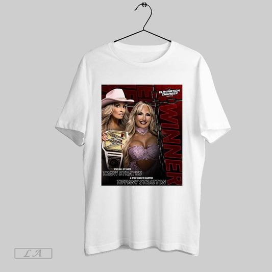Top Wwe Hall Of Famer Trish Stratus And Wwe Womens Champion Tiffany Stratton Elimination Chamber Poster T Shirt Sweatshirt Hoodie Shirt