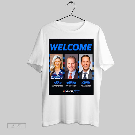 Top Welcome Dynamic Trio Of Pit Reporters Trevor Bayne Kim Coon And Marty Snider Nascar Poster T Shirt Sweatshirt Hoodie Shirt