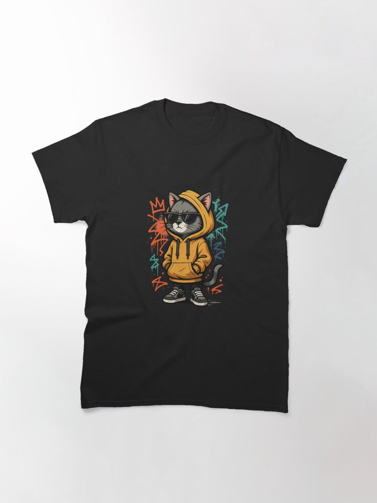 Streetwear Cat in Oversized Hoodie – Urban Graffiti Style Cool Cat Art Classic T-Shirt