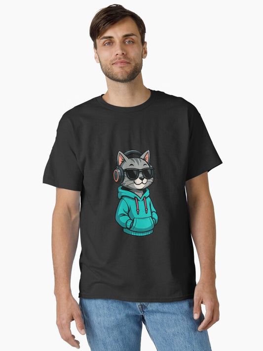 Cool Cat with Headphones and Neon Hoodie | Urban Streetwear Style Classic T-Shirt