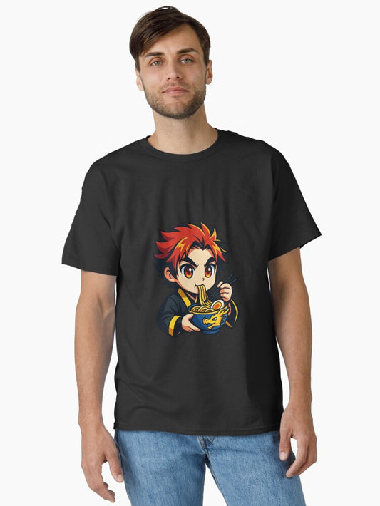 Fiery Chibi Samurai with Dragon Ramen Bowl – Kawaii Anime Style Art Classic T-Shirt