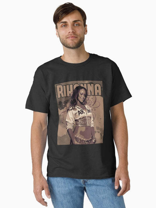 Rihanna Style Brown Vintage Poster Art T-Shirt, Vintage Washed 90'S Hip Hop Rap Tour T Shirt, Singer Classic Retro T-Shirt, Casual Tee Halloween Short Sleeve Classic T-Shirt