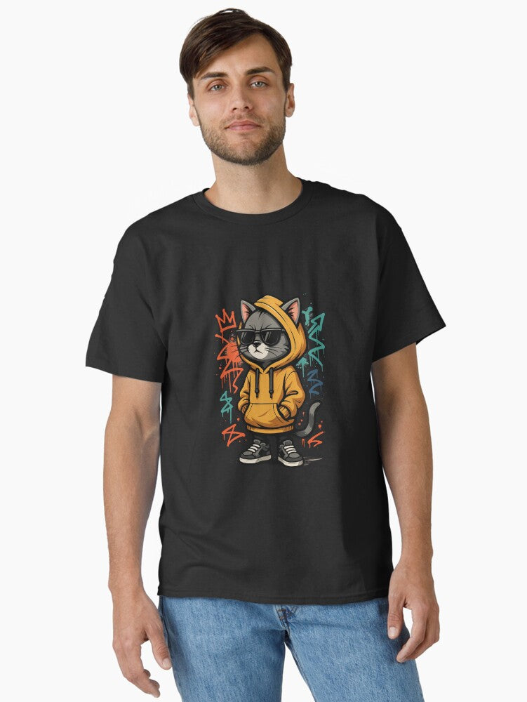 Streetwear Cat in Oversized Hoodie – Urban Graffiti Style Cool Cat Art Classic T-Shirt