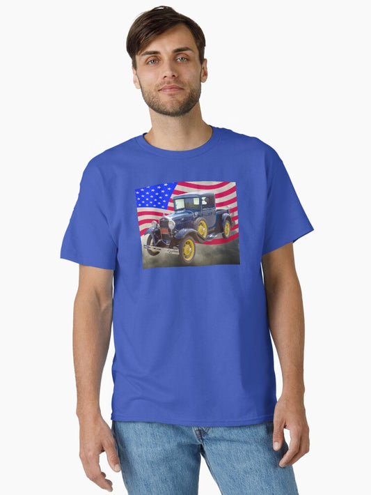 1930 Model A Ford Pickup And American Flag Classic T-Shirt